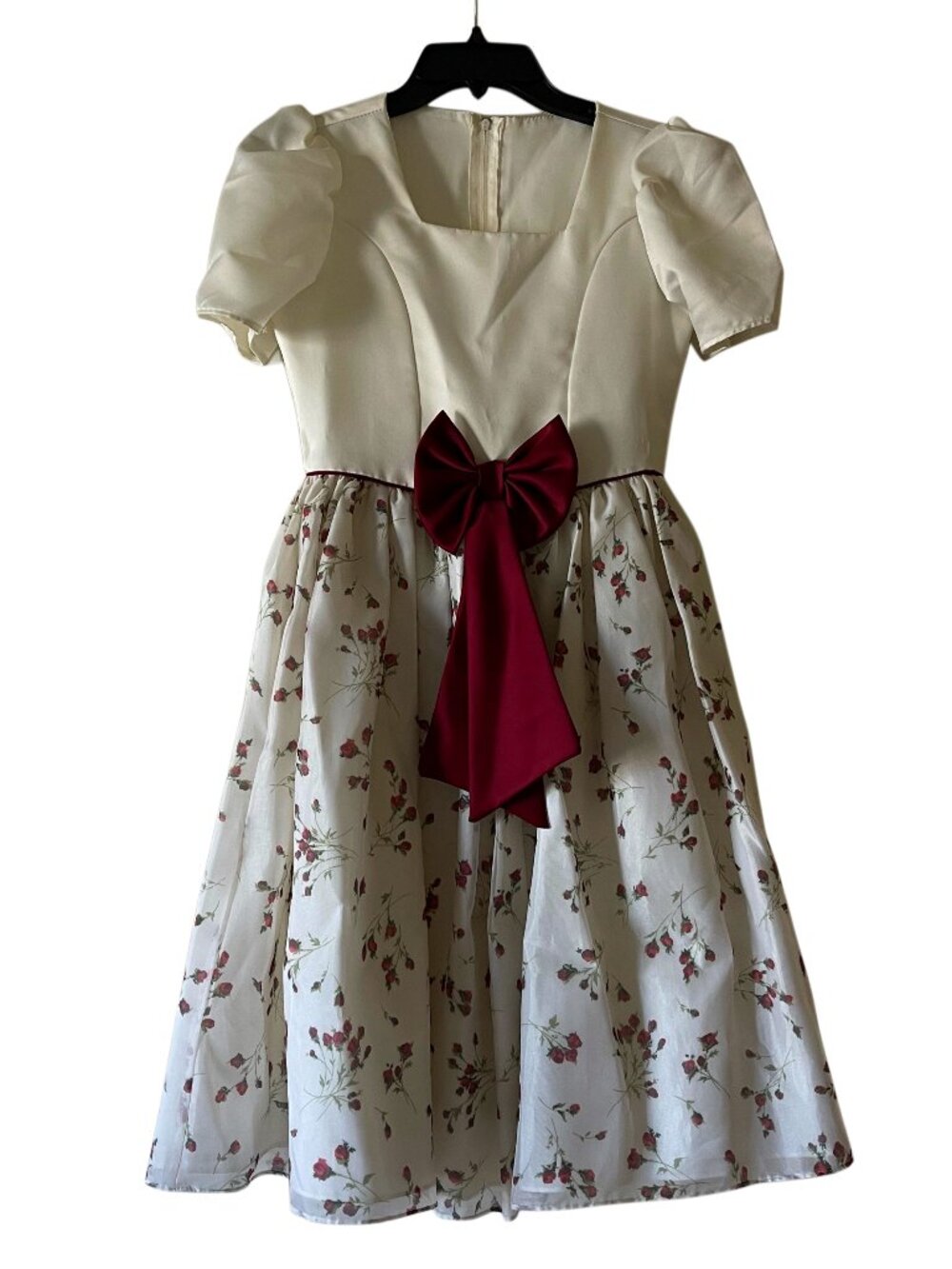 Little Miss Girls Floral Party Dress Ivory Red Bow Puff Sleeve Size 10